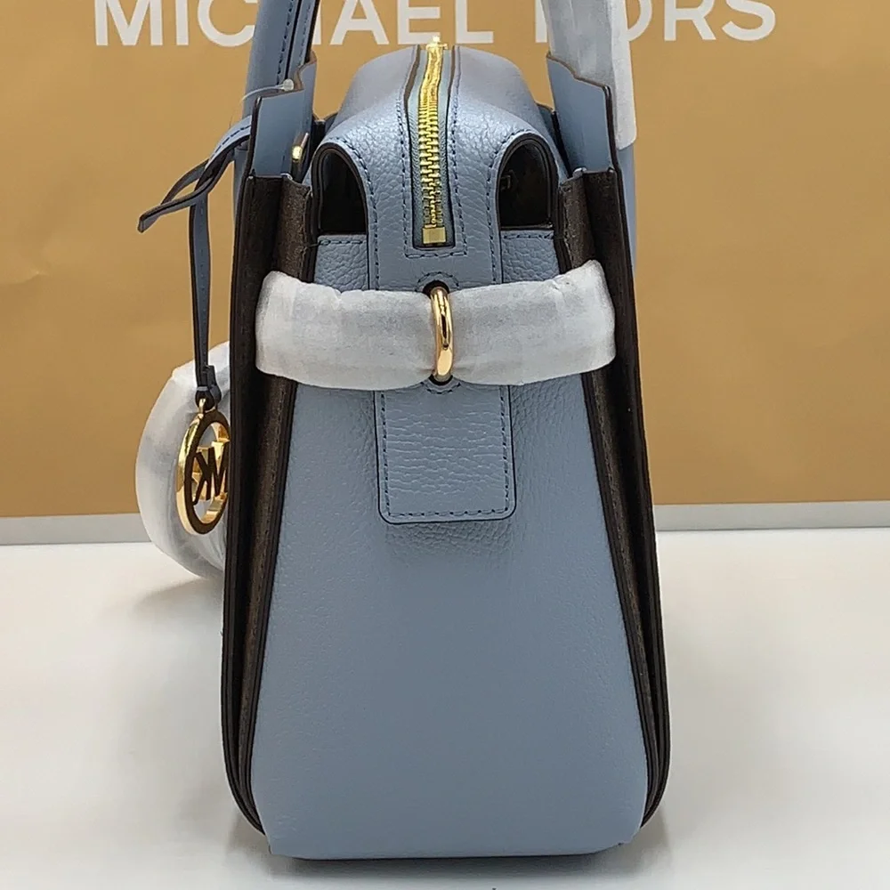 MICHAEL KORS MERCER MEDIUM TOP ZIP BELTED SATCHEL BROWN/ PALE BLUE SIGNATURE - Picture 7 of 16